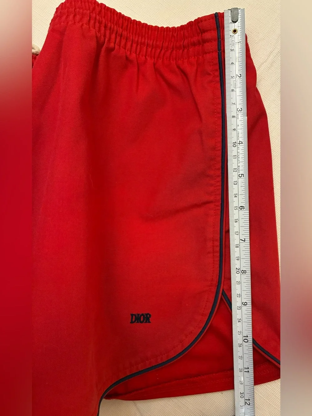 Vintage Christian Dior Men’s Red Dolphin Hem Swim Trunks with Navy Piping